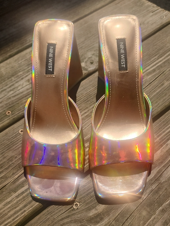 Nine West Shoes - Nine West Yougo Iridescent Open-Toe Heeled Slide Sandals - Holographic 8.5